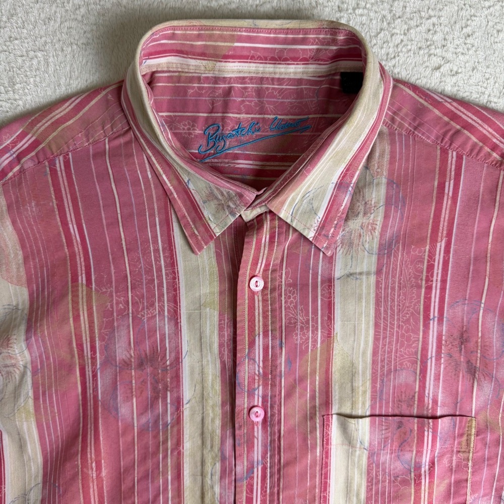 Bugatchi Uomo Button Down Shirt Mens XL Pink Striped Floral Short Sleeve